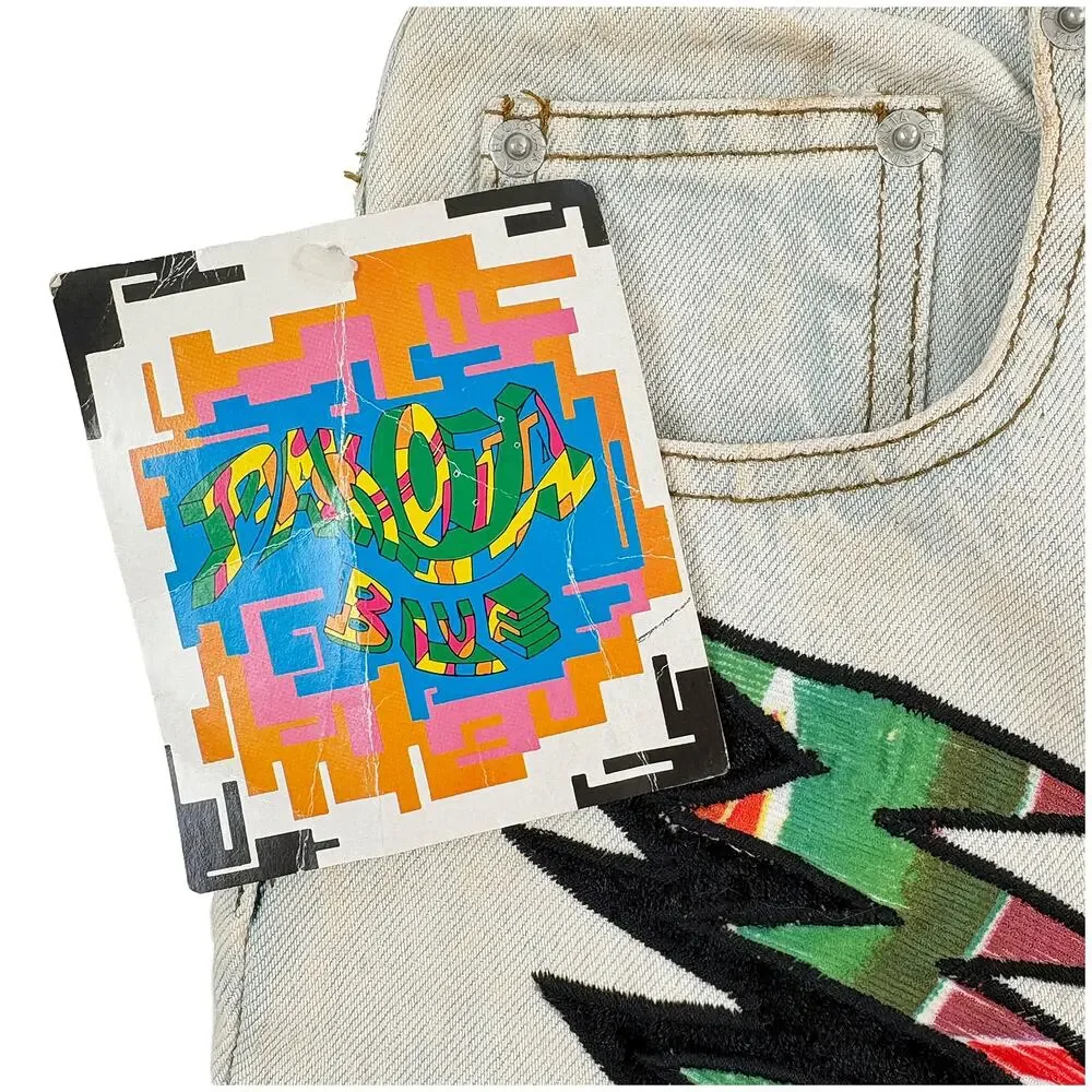 VTG 90s Dakota Blue NWT Denim Shorts Women 27 Geometric Patch Y2K Festival